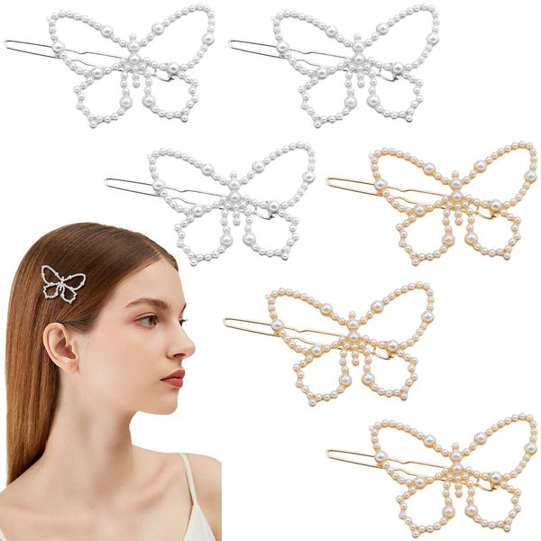 6 Pcs Pearl Butterfly Hair Clips Hollow Hair Pins Metal Butterfly Hair Barrettes for Women Hair Accessories