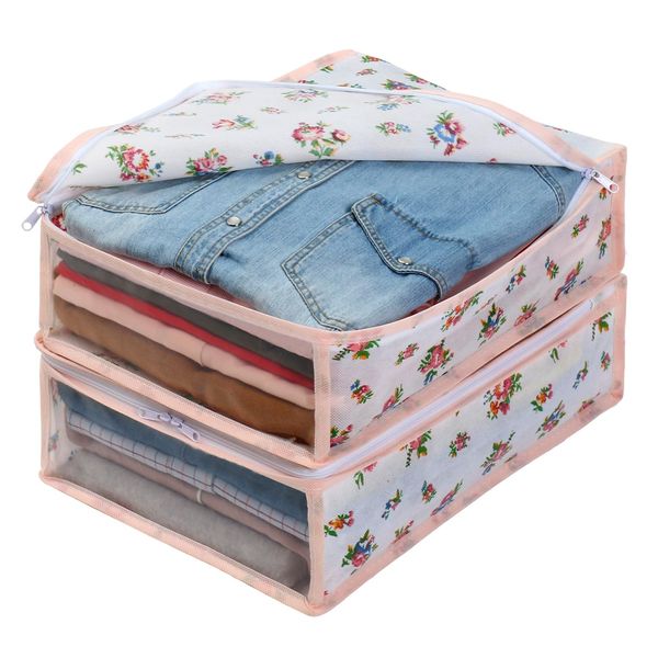 Astro 183-38 Storage Case, For Clothes, Height 3.9 inches (10 cm), Compact Size, Petite Rose Pattern, Small Flower Pattern, Set of 2, Breathable Non-Woven Clothes, Children's Clothes, Storage Bag,