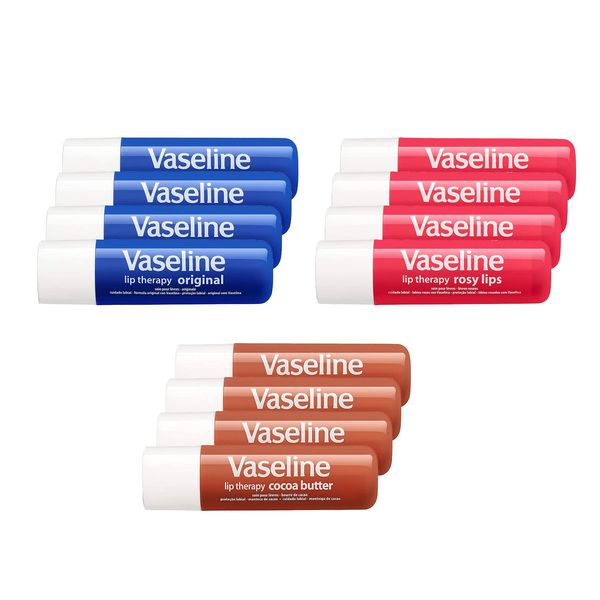 Vaseline Lip Therapy Stick with Petroleum Jelly | Lip Balm Set Collection | Original | Rosy Lips | Cocoa Butter, Pack of 12