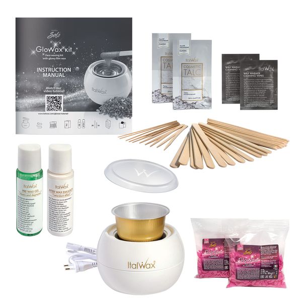 Italwax Professional Waxing Kit Glowax for Face and Small Areas Hair Removal with Wax Heater, Film Wax suitable for Sensitive Skin