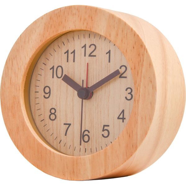 Fujiboeki 36699 Table Clock, Alarm Clock, Analog, Width 4.0 inches (10.2 cm), Natural, Natural Wood, Silent Type, Alarm Included, Light, Tabletop, Round Wood