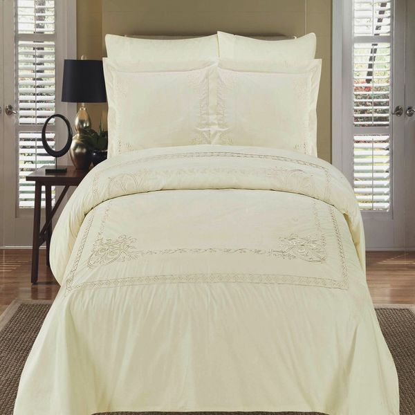 Athena Ivory Embroidered King Size Duvet Cover Set, 100% Egyptian Cotton