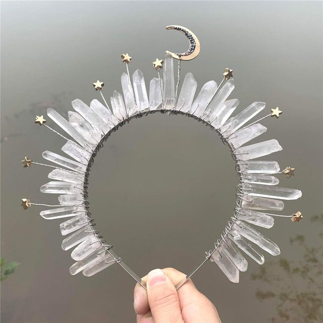 Natural Crystal Quartz Crown Headband-Moon Stars Crystal Boho Tiara Wedding Bride Headpiece for Woman Festival and Parties (White Moonstar)