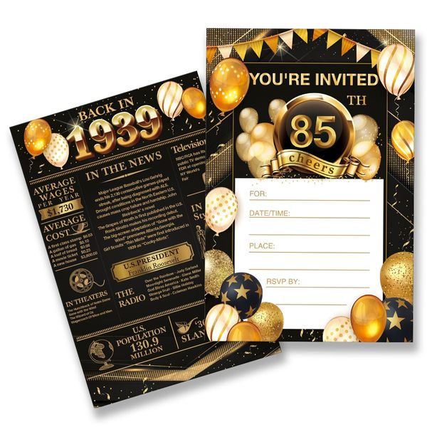 EUDOSI 85th Birthday Party Invitations - Back in 1939 Invites Black and Gold 85 Year Old Birthday Invitations Set for Bday Anniversary (20 Invitations and Envelopes)