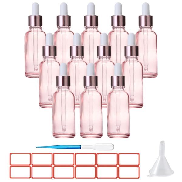 TUAKIMCE 12PCS 20ml Dropper Bottle, Glass Dropper Bottles with Dropper Pipettes, Small Sample Dropper Bottles Refillable with Funnels and Labels for Essential Oils,Aromatherapy(Pink)