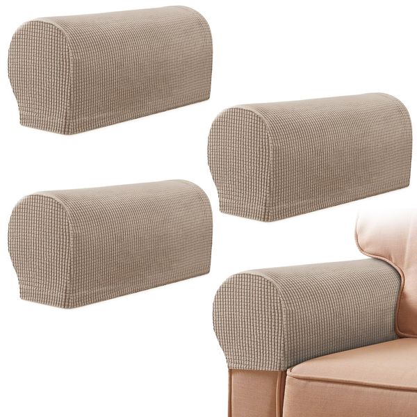 YancLife Armrest Chair Covers, Set of 4 Stretch Armchair Covers for Arms，Spandex Polyester Sofa Arm Caps Non Slip Armrest Covers for Chairs Furniture Protector Armchairs Sofa Couches Recliner (Sandy)