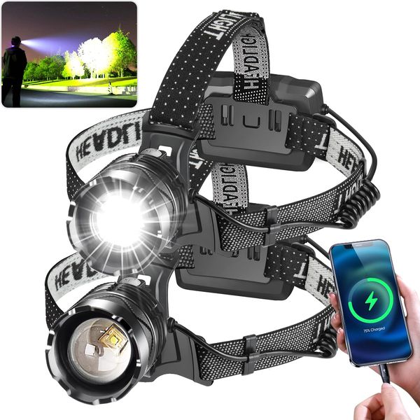 LED Rechargeable Headlamp, 120000 Lumens Bright Headlamp Flashlight with Motion Sensor, 8 Modes, 90°Adjustable, Sensor Function, Zoom, Waterproof Head Lamp for Camping, Running, Climbing(2 Pack)