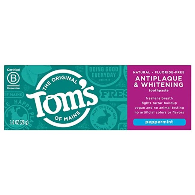 Tom's of Maine Fluoride-Free Antiplaque & Whitening Toothpaste, Travel Size, Peppermint, 1 oz. 12-Pack (Packaging May Vary)