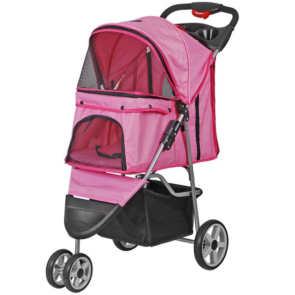 3-Wheel Pet Stroller Foldable Dog Cat Stroller Cart Stroller w/Cup Holder Pink