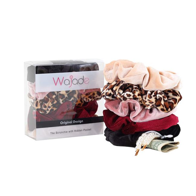 Wajade 5 Pcs Pocket Hair Scrunchies with Hidden Zipper Velvet Elastic Hair Bands Hair Ties Ropes for Big Vsco Girl Hair Accessories - Black,Wine Red,Dusty Pink,Leopard and Camel Scrunchies