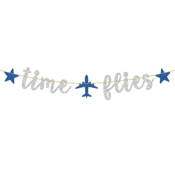 Time Flies Banner, Airplane Themed Birthday Decorations for Kids, Airplane Time Flies First Birthday Banner, Airplane Baby Shower Decorations, Campsite Aviator Travel Decor Silver Glitter