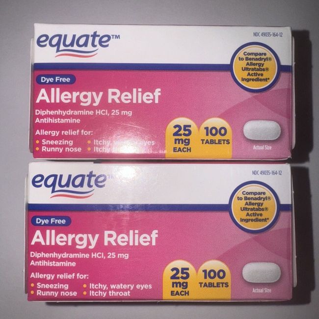 2 - Equate Dye Free Allergy Relief Diphenhydramine Capsules 25mg, Exp 09/2024