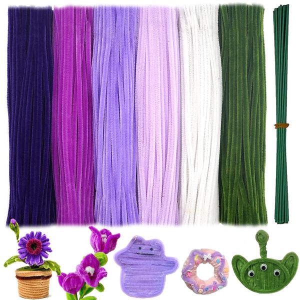 620 Pieces Blue Pipe Cleaners Craft Set, 600 Pcs Chenille Stems with 20 Pcs Flower Stems, Craft Supplies Bulk for DIY Art and Craft Projects Creative Gift Wrapping Party Decorations(Purple Series)