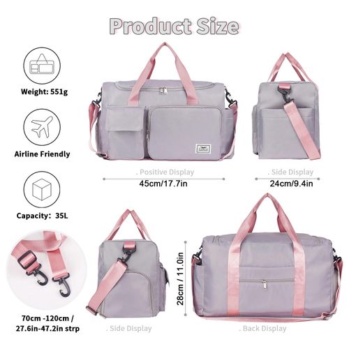 FIORETTO Womens Mens Sports Gym Bag Duffle Bag with Shoes Compartment, Weekend Travel Bag Overnight Bag for Women, Water Resistant Holdall Hospital Bag for Swimming Grey