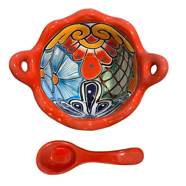 Mexican Talavera Salsa Sauce Bowl and Spoon | Guacamole Serving Dish | MexDecor