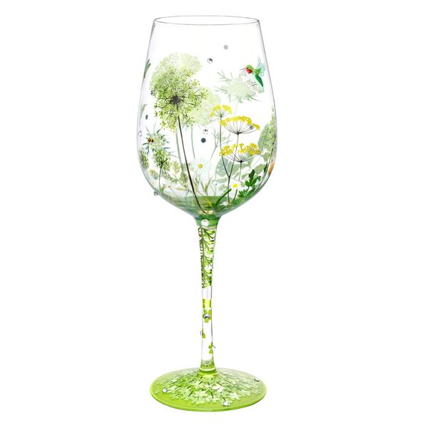 NymphFable Anne’s Lace Flower Wine Glass Bird Gragonfly Artisan Painted Glass 15oz Personalised Gift for Best Friend