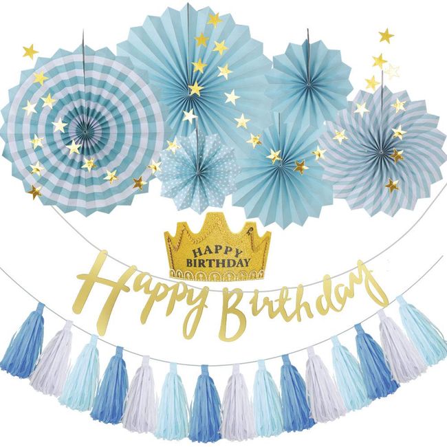 Hapipa Birthday Garland, Happy Birthday Decoration, Popular, Crown Headband, Stylish, Boys, Adult (Blue Paper Fan Set)