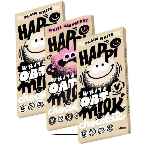 Happi Vegan White Chocolate Bar 3 x 80g - 2 x White Chocolate 1 x White Chocolate and Raspberry - Oat Milk Vegan Chocolate Bars - Gluten Free Snacks - Soy Free Chocolates