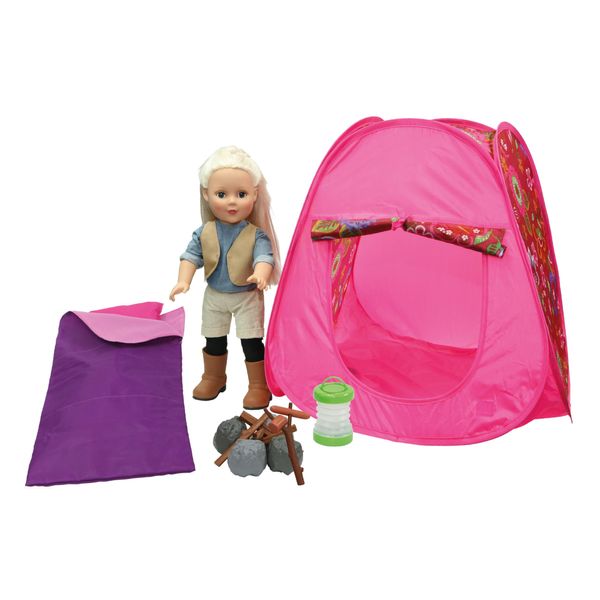 My Girl Camping Tent Set with Accessories for 18 INCH Dolls, POP-UP Folding Tent, Doll Sleeping Bag, Light-UP Camping Lantern, Campfire, Play Food, Toy Food, Indoor and Outoor