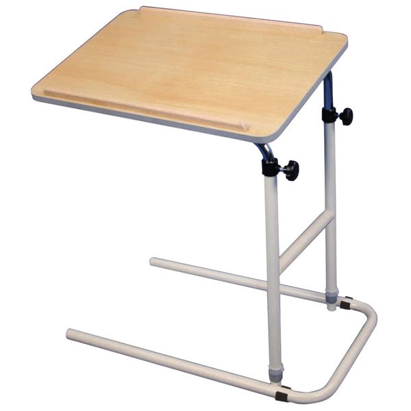Height Adjustable Overbed Multi-Table - 665mm x 420mm Surface - Hardwood Beech Tabletop - Easy to Clean Wipe Down Surface - Raised Lip