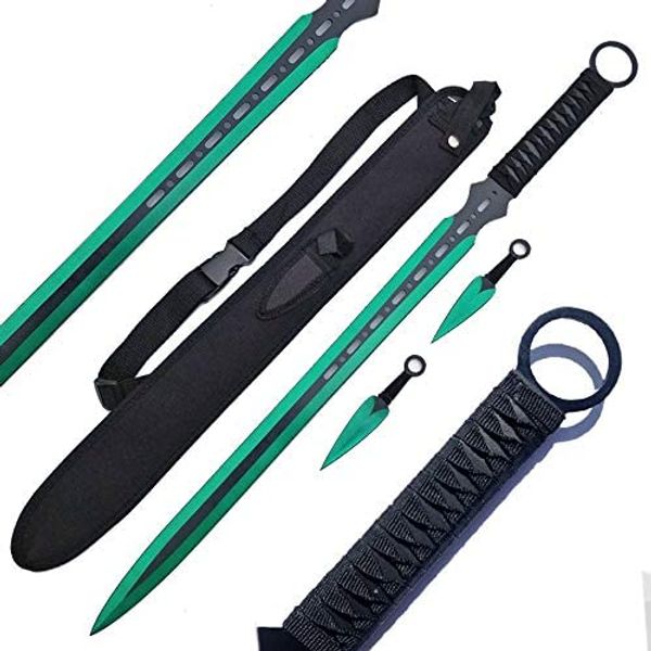 Ninja Sword Machete Throwing Knife Tactical Katana Tanto Blade, 27-Inch … (Green Double Blade)