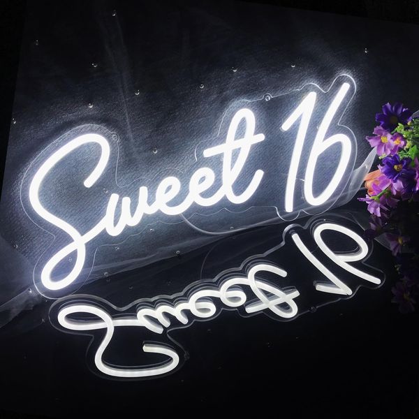 Sweet 16 Neon Sign White LED Neon Sign for 16th Happy Birthday Party Decor Girl Bedroom Wall Decor Preppy Room Decor Aesthetic USB Operated Birthday Gifts for Teenager 5V 15.7 * 6.7inches