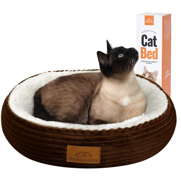 Zerbuger Round Donut Cat Bed, 20In Bed for Cats or Small Dogs, Calming Dog & Cat Beds for Indoor Cats, Soft Pet Beds for Small Dogs Puppy and Kittens with Anti-Slip Bottom, Brown