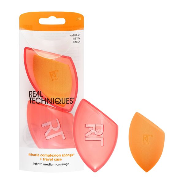 REAL TECHNIQUES Miracle Complexion Makeup Sponge per fondotinta a copertura totale con custodia da viaggio (confezione e colore possono variare)