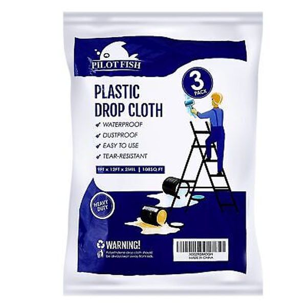 2 Mil Plastic Drop Cloth for Painting, Plastic Sheeting 3 Pack 9x12 Feet Wate...