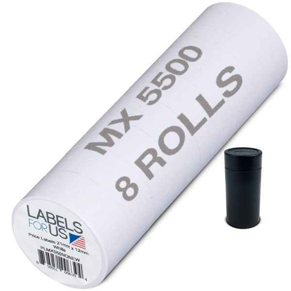 MX 5500-8,000 Labels Total - Pure White - Price Labels - Pack with 8 Rolls - (1 Pack 1 Ink Roller) - Made by Labels for Us