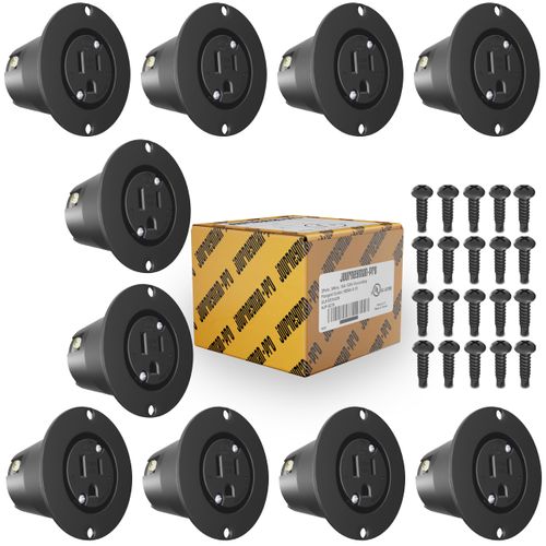Journeyman-Pro 5279 15 Amp 120-125 Volt, NEMA 5-15 Flanged Outlet, Black Commercial Grade, 2 Pole-3 Wire, Straight Blade Plug Charger Receptacle (10-Pack No Cover/Cap)