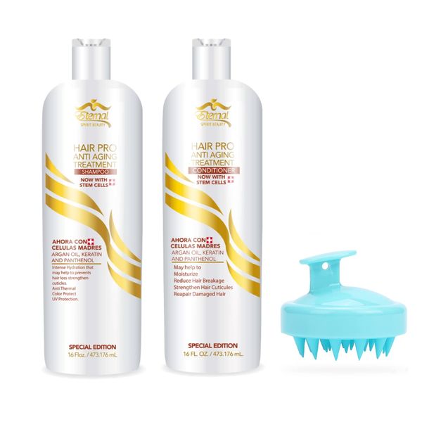 Eternal Spirit Beauty Hair Pro Anti-Aging Treatment Shampoo 16 oz and Conditioner 16 oz, Free Scalp Massager Shampoo Brush. Anti-Aging Hair Treatment with Swiss Stem Cells.