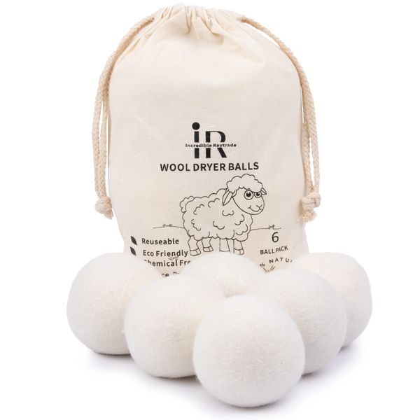 RAYTRADE Wool Dryer Balls 6-Pack 100% Made of Organic New Zealand Wool Reduces Clothing Wrinkles and Saves Drying Time Reusable Natural Fabric Softener Stocking Stuffer Gifts