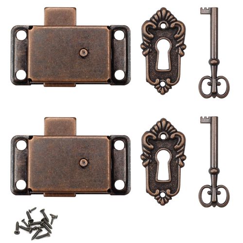 quiodok 2 Pcs Antique Cabinet Door Lock Sets, Antique Cabinet Lock with Key, Vintage Cabinet Door Lock for Wardrobes, Cabinets, Drawers, Boxes