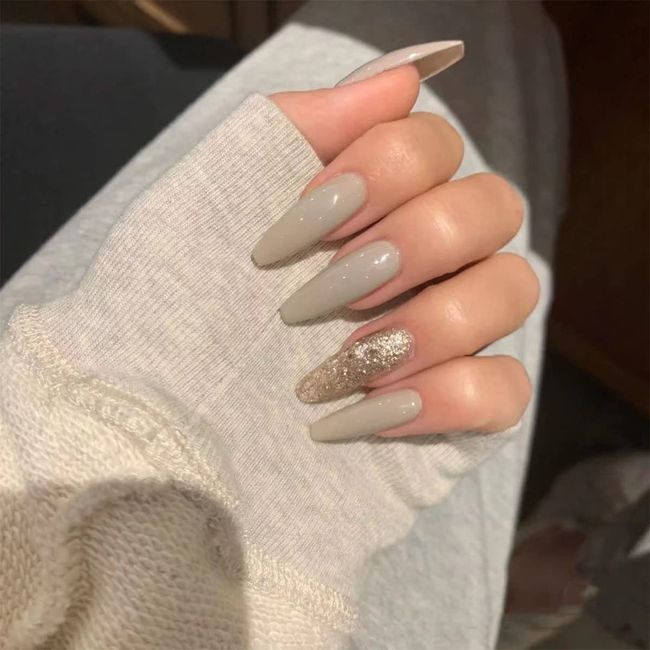 Neckon Coffin False Nails Glitter Long Fake Nails Grey Ballerina Acrylic Press on Nails Full Cover Stick on Nails for Women and Girls (24pcs)