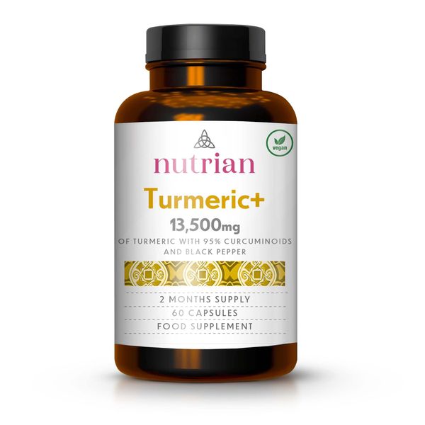 Nutrian Turmeric and Black Pepper Capsules 13,500 mg (High Strength Supplements) with 95% Curcuminoids, Vegan, Made in The UK, 60 Count(2 Month Supply)