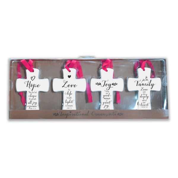 Lighthouse Christian Products Inspirational White Cross 4 inch Ceramic Christmas Ornaments Boxed Set of 4