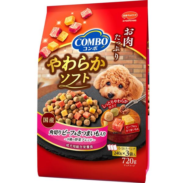 Combo Dog Soft Soft (Half Raw Type), Plenty of Meat Grains, Made in Japan, Small Packing, Diced Beef, Sweet Potato, Vegetable Blend, 25.4 oz (720 g)