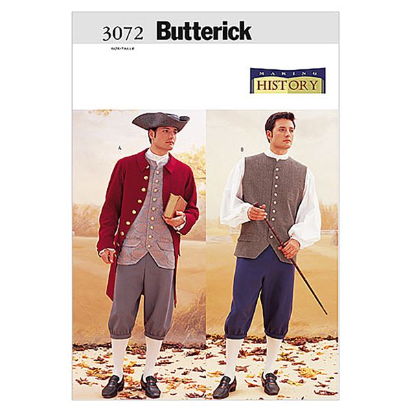 Butterick Patterns B3072 Hat Size 38 - 40 - 32 Men's Historical Costume: Knee - length Pants, Balloon - Sleve Shirt, Vest, Fitted Jacket and Tri - Corner, White