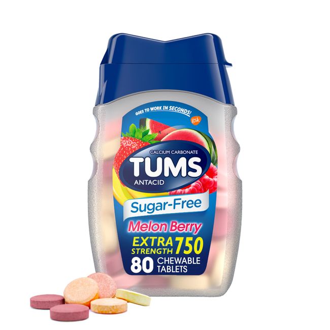 TUMS Extra Strength Sugar-Free Antacid, Melon Berry Chewable Tablets for Heartburn Relief, 80 CT