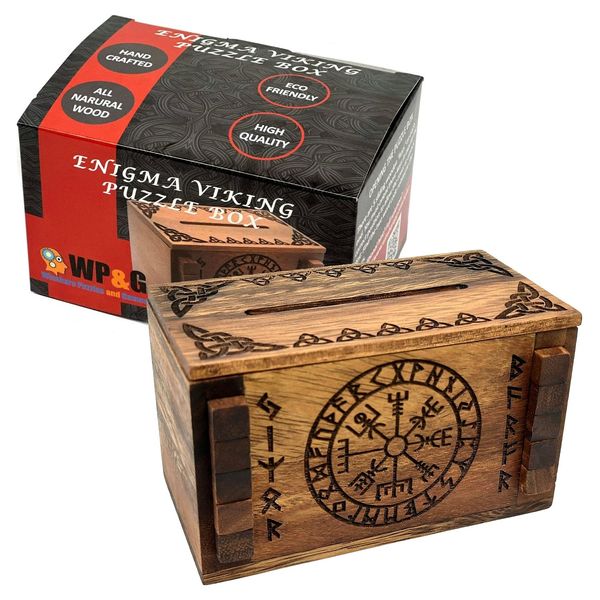 Enigma Viking Secret Puzzle Box - Money and Gift Card holder in a Wood IQ Trick lock with hidden Compartments Brainteaser