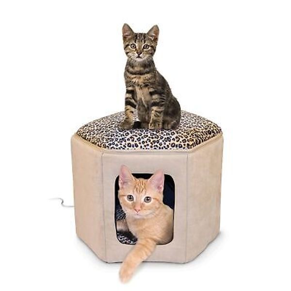 K&H Pet Products Thermo-Kitty Sleephouse Heated Pet Bed Tan/Leopard 12" x 17"...