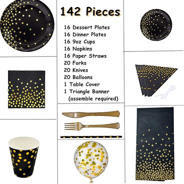 142 Pieces Black and Gold Party Supplies Set, Golden Dot Party Dinnerware, Include Black Paper Plates Napkins Cups, Gold Forks Knives for Graduation, Birthday, Cocktail Party