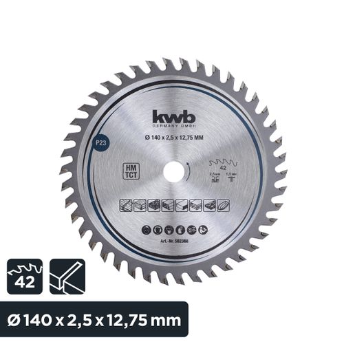 kwb 582368 Joiner's circular saw blade, wood/hardwood, 140 x 12.7 mm cuts, high number, 42 teeth Z-42, precision saw blade fine, 75
