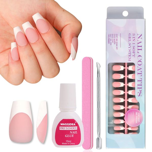 French False Nails Kit, 300Pcs French Press On Nails Short Ballerina False Nails With Glue Soft Gel 15 Sizes X-coat Tips Stick On Nails For Women French White Tip (Short Coffin-02)