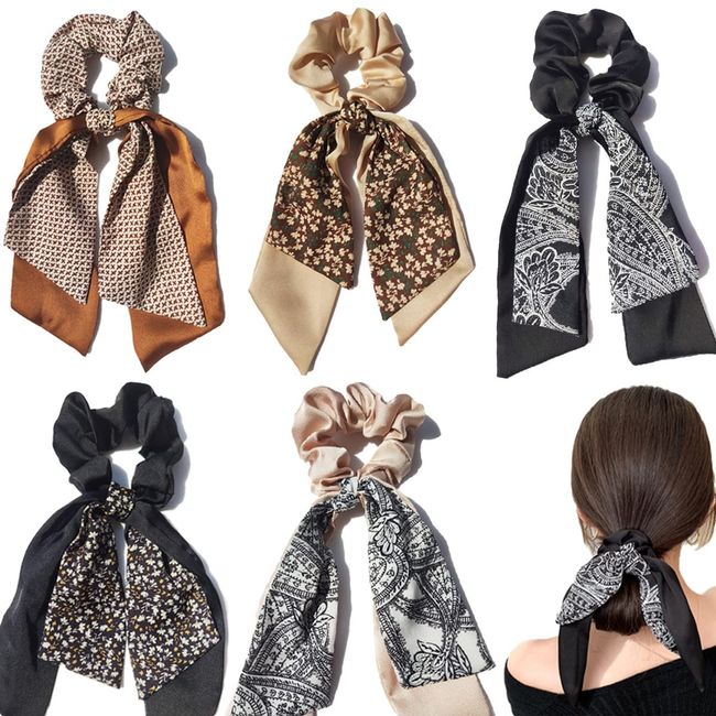 Women Girls Boho Ribbon Bow Hair Scrunchies Ties Elastic Ponytail Holders  Scarfs