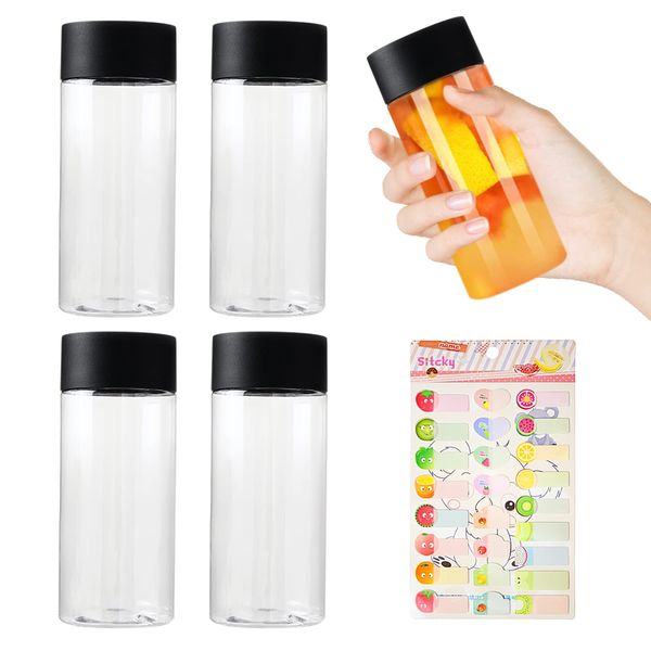 4 Pack Plastic Juice Bottles with 1 Fruit Label, Drink Bottles with Lids, Beverage Containers, Clear Drink Bottles, Great for Juice, Milk, Homemade Drinks