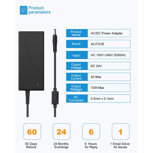 ALITOVE 24V 3A Power Supply 72W AC Adapter 100-240v 50-60hz to 24 Volt DC Converter 3amp Transformer with 5.5x2.1mm DC Output Jack for LED Light 3D Printer CCTV Camera System,2-Pack