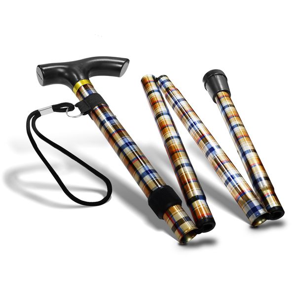 RE-GEN Folding Lightweight Aluminium Adjustable Tartan Design Collapsible Foldable Walking Stick Cane Mobility Aid