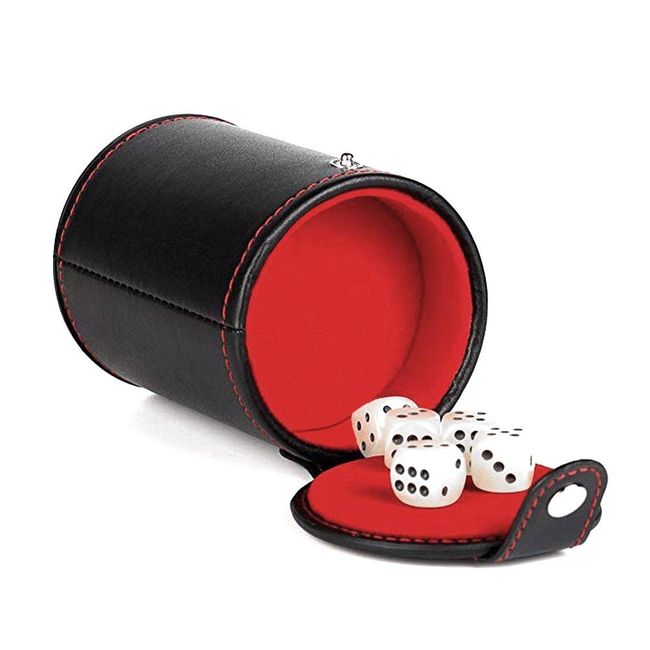 Aulufft PU Leather Dice Cup Set with 5 Standard Dices for Yahtzee Farkle Backgammon Bar Party Craps Game - Red Felt Lined, 1 Pack